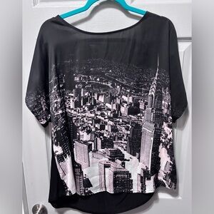 Blouse with New York cityscape and tie back neck